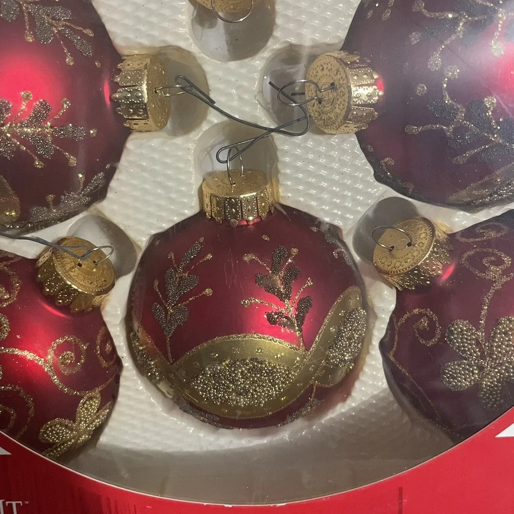 Celebrate It Christmas Noel Boxed Glass Ornaments Beaded Glitter Set Of 16 Total